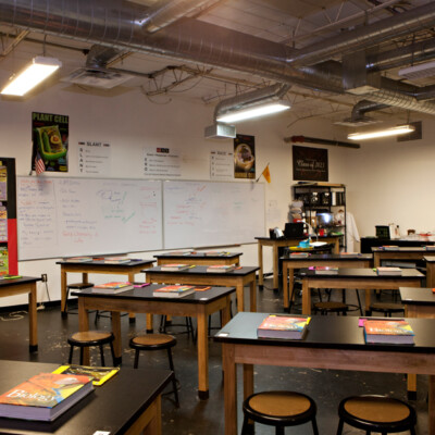 School science lab with textbooks at every workstation