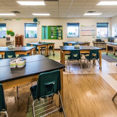 School classroom with desks and chairs