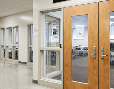 School computer lab with floor to ceiling windows